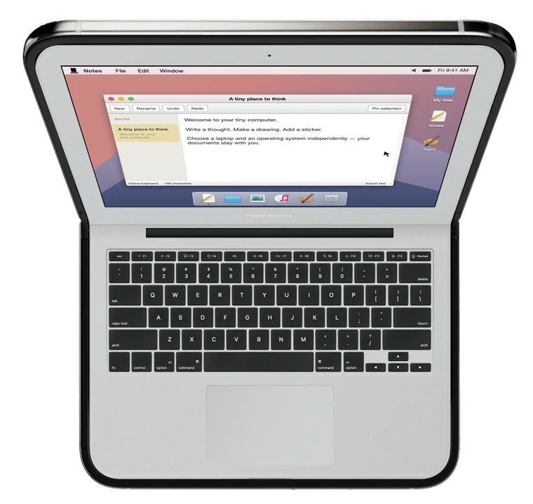 Feather Notebook open on iPhone Duo, with its desktop and keyboard.