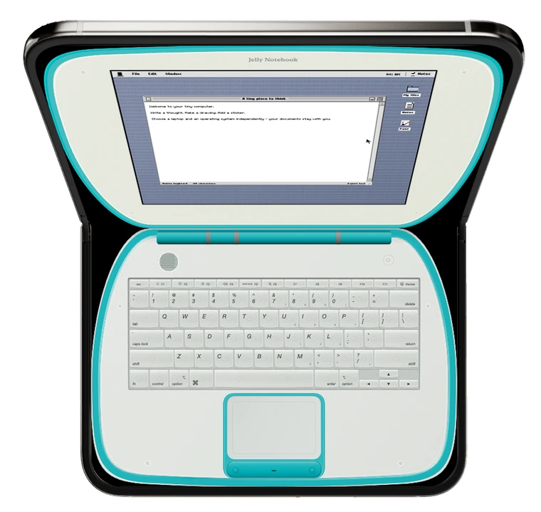 Jelly Notebook open on iPhone Duo, with its desktop and keyboard.